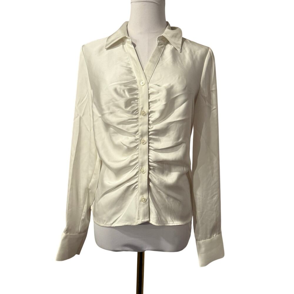 Rachel Zoe Ivory Satin Ruched Button Down Blouse Small Office Career Y2k Chic